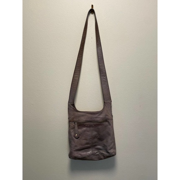 Hobo Original Leather Small Crossbody Bag Gray Studded Modern Lagenlook - Picture 2 of 9